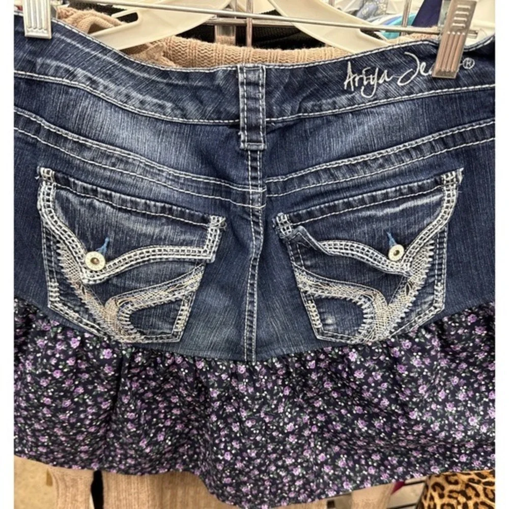 Y2K Ariya Jeans Denim Floral Ruffle Mini Skirt Low Rise Y2K, Cottage/Fairy Core, - Picture 11 of 11